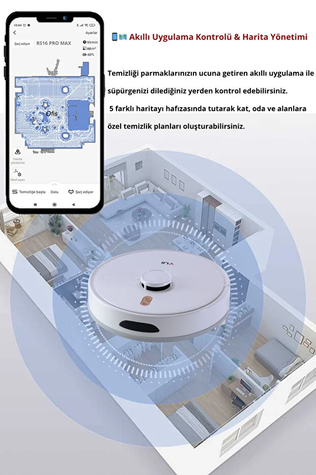 Yui RS16 Pro Max 15.000 Pa Pet Kit Akıllı Robot Vacuum & Mop Süpürge Beyaz